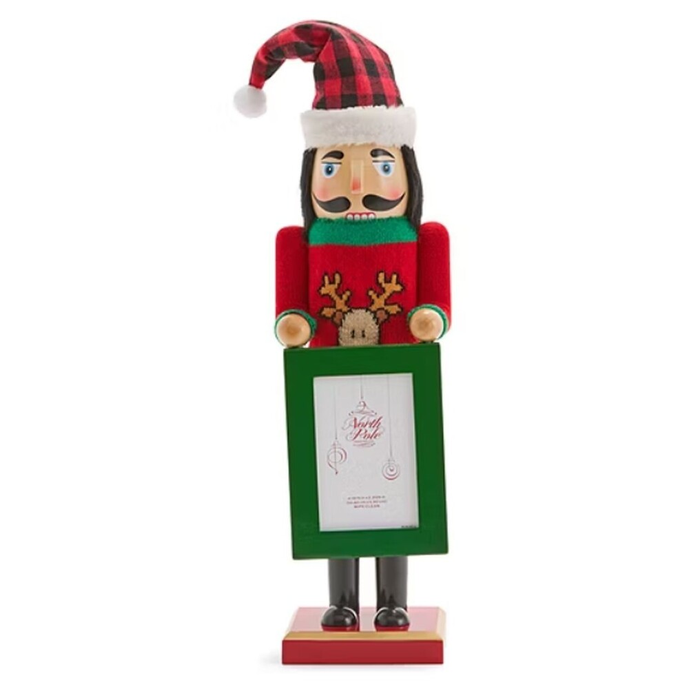 Wooden Christmas Nutcracker,14", WHITE MALE IN PLAID HAT WITH PHOTO FRAME 177,NP